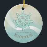 Adorno De Cerámica Beach House Nautical Boat Helm Aqua Blue ID623<br><div class="desc">Este producto en los suaves colores del mar y la arena le permite añadir fácilmente su propio nombre y texto usando la plantilla proporcionada. La simple imagen de casco de barco sobre un fondo acuático angustiado se ve resaltada por un acento ondulado en agua y blanco. Si no tienes la...</div>