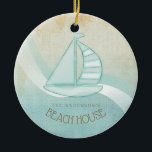 Adorno De Cerámica Beach House Nautical Sailboat Aqua Blue ID623<br><div class="desc">This product in the soft colors of sea and sand allows you to easily add your own name and text using the provided template. The simple sailboat image on a distressed, watercolor background is highlighted by a wave accent in aqua and white. If you aren't fortunate enough to have a...</div>