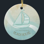 Adorno De Cerámica Beach House Nautical Sailboat Aqua Blue ID623<br><div class="desc">This product in the soft colors of sea and sand allows you to easily add your own name and text using the provided template. The simple sailboat image on a distressed, watercolor background is highlighted by a wave accent in aqua and white. If you aren't fortunate enough to have a...</div>