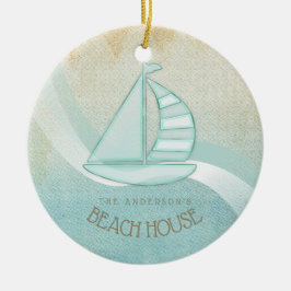 Adorno De Cerámica Beach House Nautical Sailboat Aqua Blue ID623