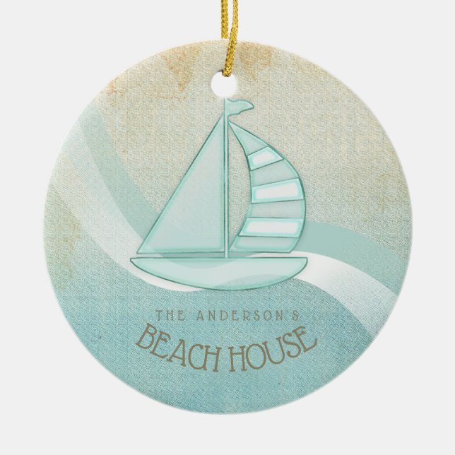 Adorno De Cerámica Beach House Nautical Sailboat Aqua Blue ID623 (Frente)