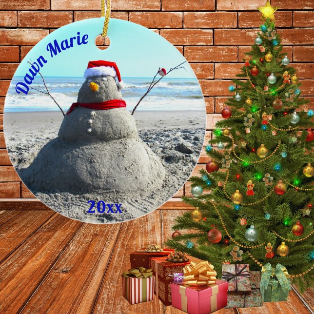 Adorno De Cerámica Beach Sand Santa "Snowman" de playa personalizada (beach santa snowman)