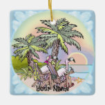 Adorno De Cerámica Beach Sunset Flamingo<br><div class="desc">Ornamento Flamingo Beach Sunset ,  ropa de playa,  regalos Flamingo de Ilustracion ArtMuvz.Este ornamento presenta un diseño llamativo y llamativo de flamencos de playa. PARA PERSONALIZAR,  agregue su nombre o agregue texto en su lugar. Personalizar de este ornamento Flamingo para hacerlo único suyo o dar como regalo personalizado</div>