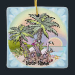 Adorno De Cerámica Beach Sunset Flamingo<br><div class="desc">Ornamento Flamingo Beach Sunset ,  ropa de playa,  regalos Flamingo de Ilustracion ArtMuvz.Este ornamento presenta un diseño llamativo y llamativo de flamencos de playa. PARA PERSONALIZAR,  agregue su nombre o agregue texto en su lugar. Personalizar de este ornamento Flamingo para hacerlo único suyo o dar como regalo personalizado</div>