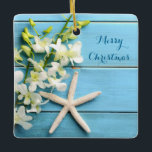 Adorno De Cerámica Beach Themed Christmas Ornaments Square Starfish<br><div class="desc">Personalized beach themed Christmas ornaments (square ceramic) with starfish,  orchids and customizable text.</div>