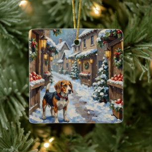 Adorno De Cerámica Beagle Antiguo en Mercado Navideño Nevado