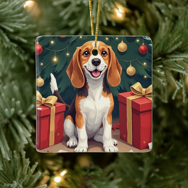Adorno De Cerámica Beagle Christmas Morning Gift-Unboxing Painting (Árbol)