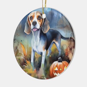 Adorno De Cerámica Beagle de Halloween con calabazas aterradoras