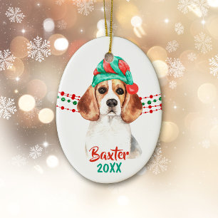 Adorno De Cerámica Beagle Dog Santa Hat Holiday String Beads