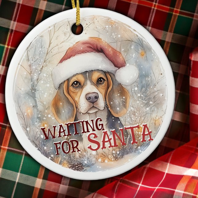 Adorno De Cerámica Beagle Esperando A Los Navidades De Perro De Santa (Beagle Waiting For Santa Snowy Dog Christmas Ceramic Ornament)