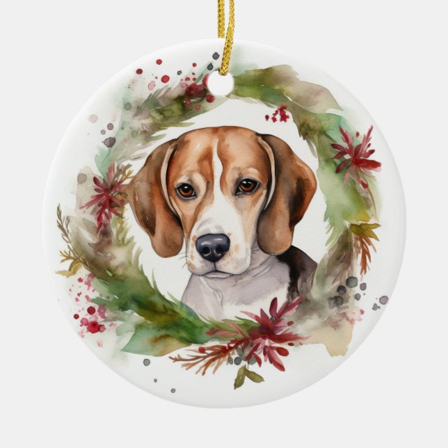 Adorno De Cerámica Beagle Navidades Wreath Festimes Pup (Frente)