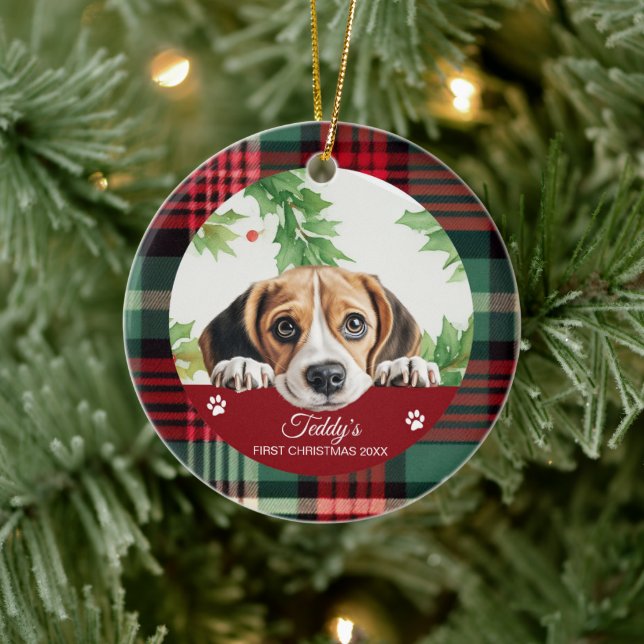 Adorno De Cerámica Beagle Personalizado Primera Navidad (Árbol)