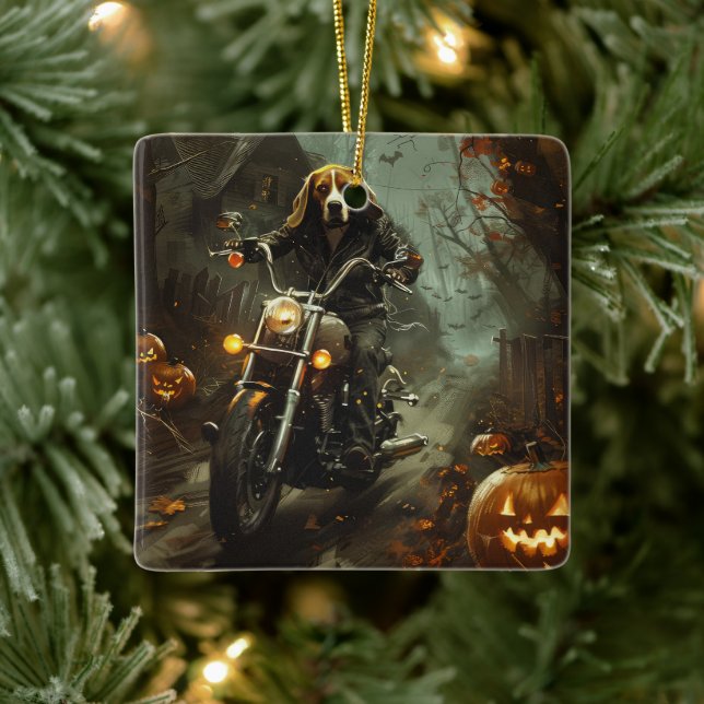 Adorno De Cerámica Beagle Riding Motorcycle Halloween Scary (Árbol)