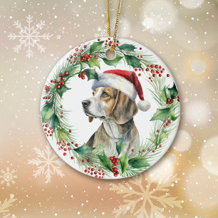 Adorno De Cerámica Beagle Santa Hat Holly Wreath Navidades