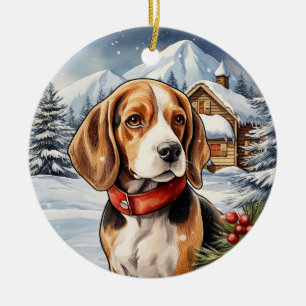 Adorno De Cerámica Beagle, un Navidad de invierno lindo