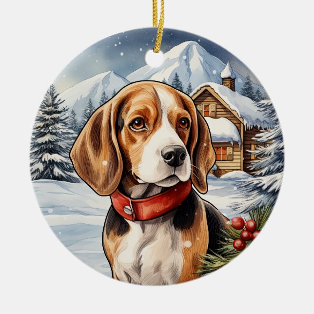 Adorno De Cerámica Beagle, un Navidad de invierno lindo (Frente)