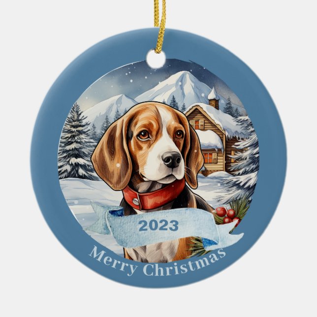 Adorno De Cerámica Beagle Watercolor Dog Navidades (Frente)