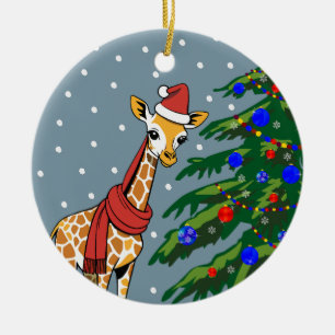 Adorno De Cerámica Beanie de jirafa y bufanda con árbol de Navidad