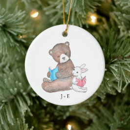 Adorno De Cerámica Bear & Bunny Leer Libros Cute Pareja Nombre Person