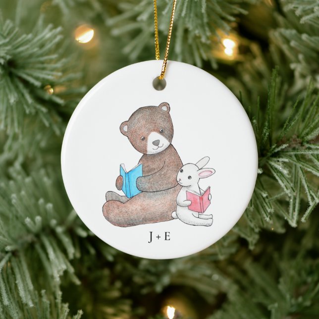 Adorno De Cerámica Bear & Bunny Leer Libros Cute Pareja Nombre Person (Árbol)