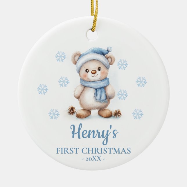 Adorno De Cerámica Bear Cub Personalized Baby's First Christmas (Frente)