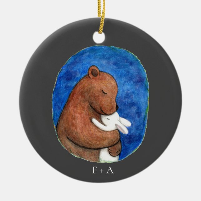 Adorno De Cerámica Bear y Bunny en el nombre personalizado de la pare (Frente)