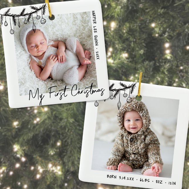 Adorno De Cerámica Bebé blanco negro mi primera foto de Navidad (Baby Black White My First Christmas Photo Ceramic Ornament)