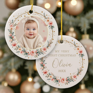 Adorno De Cerámica Bebé celeste primera foto personalizada de Navidad