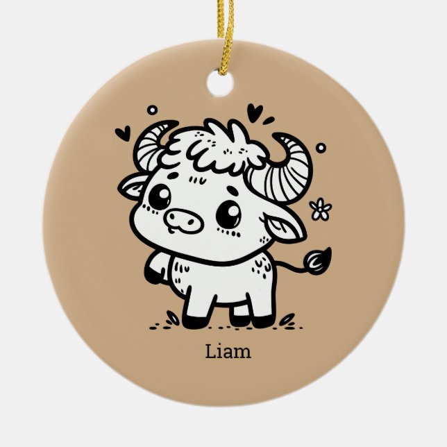 Adorno De Cerámica Bebé de búfalo fluffy - Animal de la granja Kawaii (Frente)