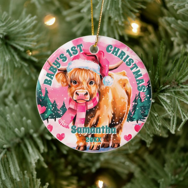 Adorno De Cerámica Bebé de vaca rosada en Highland Navidad foto (Árbol)