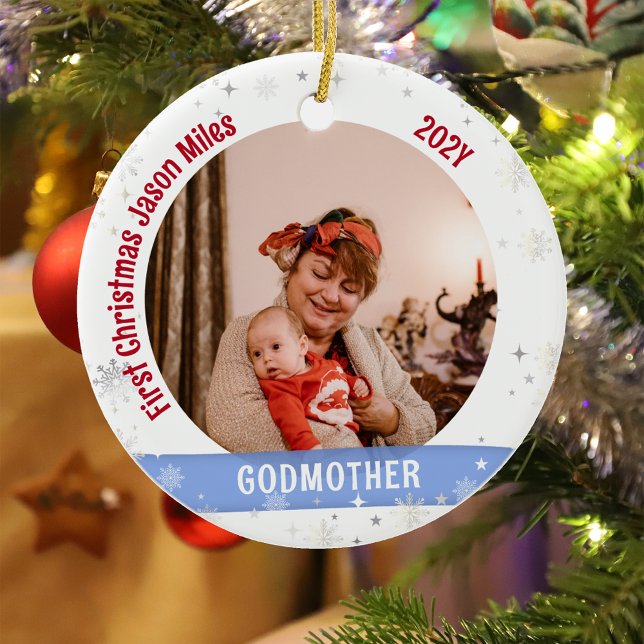 Adorno De Cerámica Bebé divino personalizada primera foto de Navidad (Modern Elegant Cute First Christmas Baby Love you Godmother 1 Photo Snowflakes Stars Bow Holly)