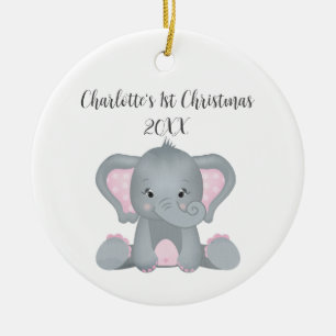 Adorno De Cerámica Bebé elefante rosa personalizado Navidades primero