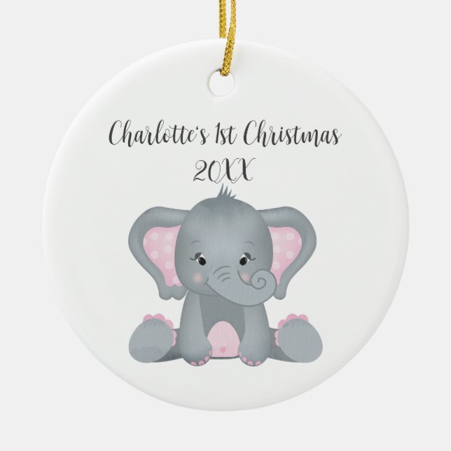 Adorno De Cerámica Bebé elefante rosa personalizado Navidades primero (Frente)