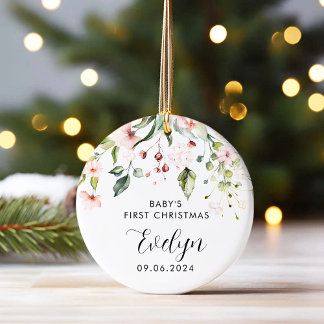 Adorno De Cerámica Bebé floral rosa primer bebé de Navidad
