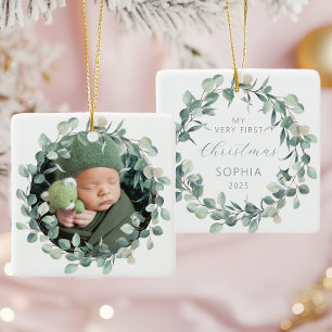 Adorno De Cerámica Bebé fotográfico Primera Navidad Eucalyptus Wreath