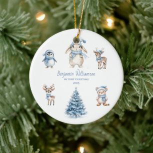 Adorno De Cerámica Bebé Mi Primer Navidad Madera Azul Personalizado