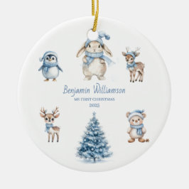 Adorno De Cerámica Bebé Mi Primer Navidad Madera Azul Personalizado