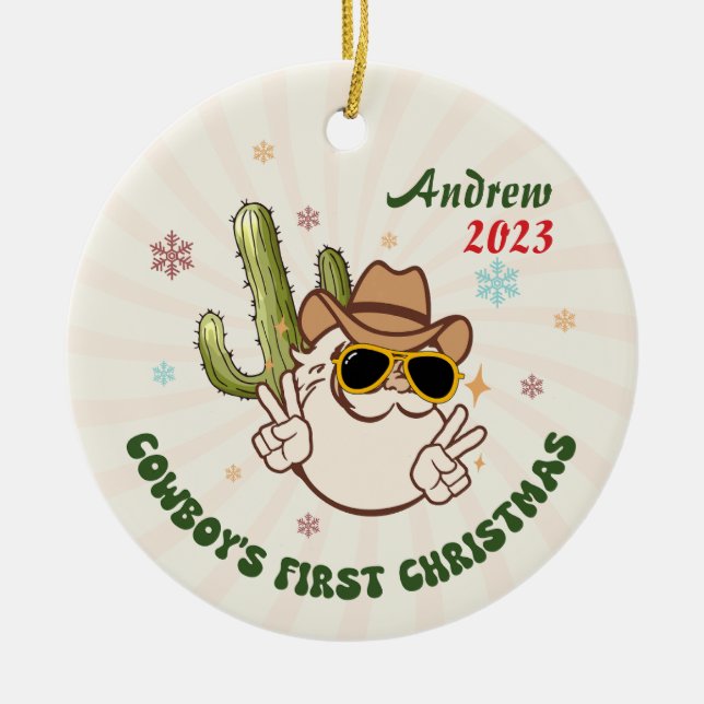 Adorno De Cerámica Bebé niño en primera Navidad personalizado (Frente)