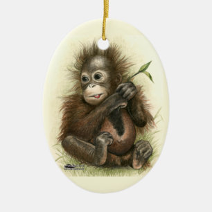 Adorno De Cerámica Bebé orangután con hojas