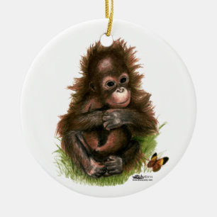 Adorno De Cerámica Bebé orangután y mariposa