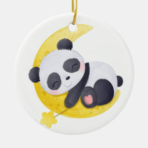 Adorno De Cerámica Bebé Panda Durmiendo en la Luna Acuarela