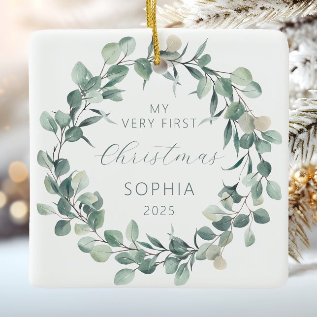 Adorno De Cerámica Bebé personalizado 1 Navidades Eucalyptus Wreath (Subido por el creador)