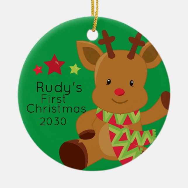Adorno De Cerámica Bebé personalizado reno Rudolph Navidades primero (Frente)