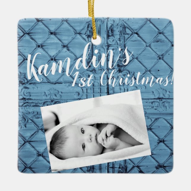 Adorno De Cerámica Bebé personalizado XMAS Ornament Rustic Tin Panel  (Anverso)