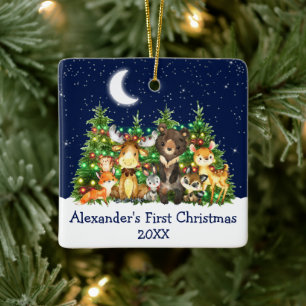 Adorno De Cerámica Bebé primer animales de la selva navideña ilumin