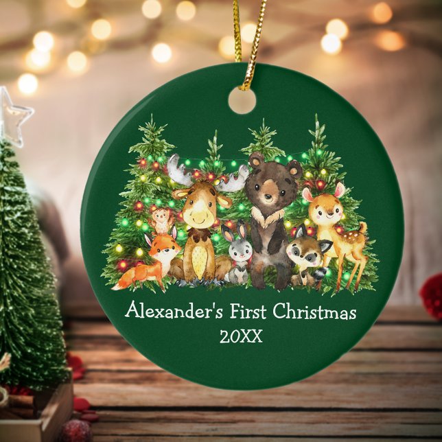 Adorno De Cerámica Bebé primer animales del bosque navideño iluminan  (Customize with name and year.)