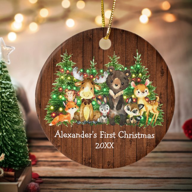 Adorno De Cerámica Bebé primer animales del bosque navideño luces de  (Customize with name and year.)