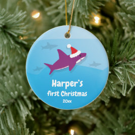 Adorno De Cerámica Bebé primer tiburón morado de Navidad