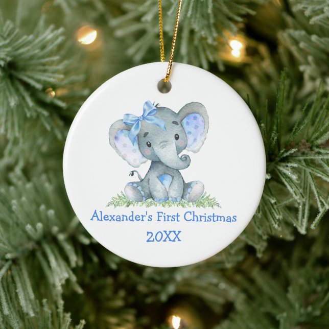 Adorno De Cerámica Bebé primera acuarela de Navidad azul elefante (Árbol)