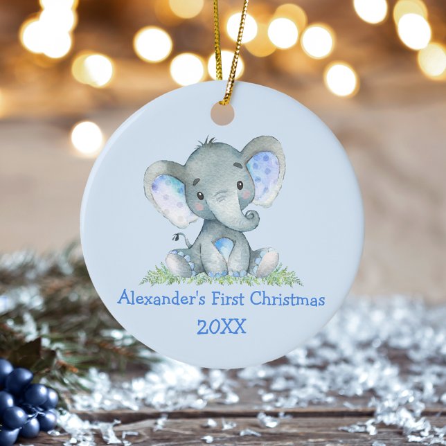 Adorno De Cerámica Bebé primera acuarela de Navidad Elefante Azul (Customize with name and year.)